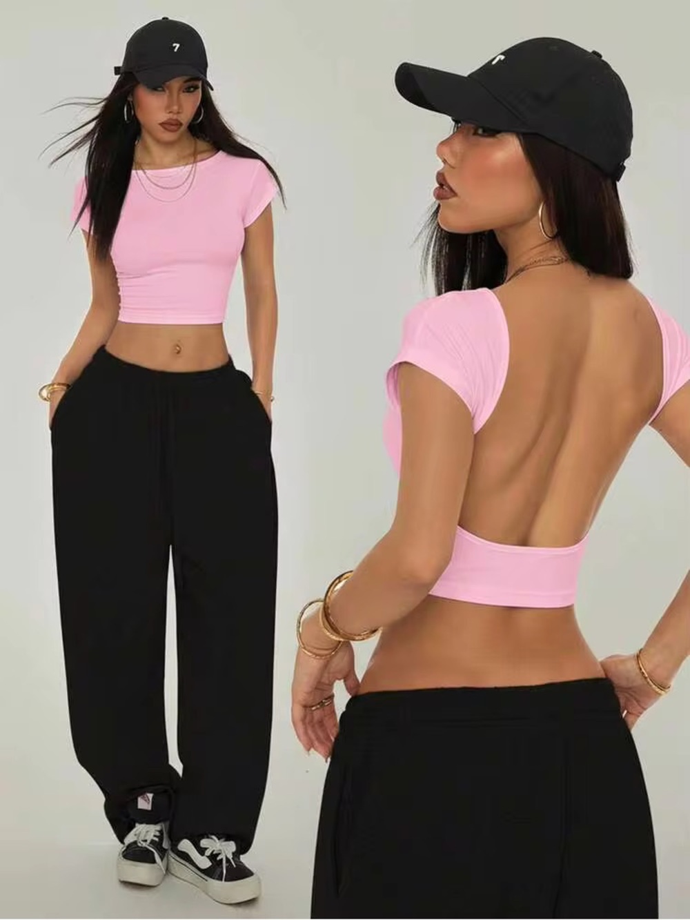 SHEIN Solid Light Pink Open-Back Short Sleeve Crop Top